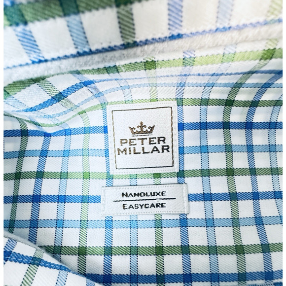 Peter Millar Long Sleeve Button Front Shirt L Blue White Check Plaid 100% Cotton - Picture 6 of 8